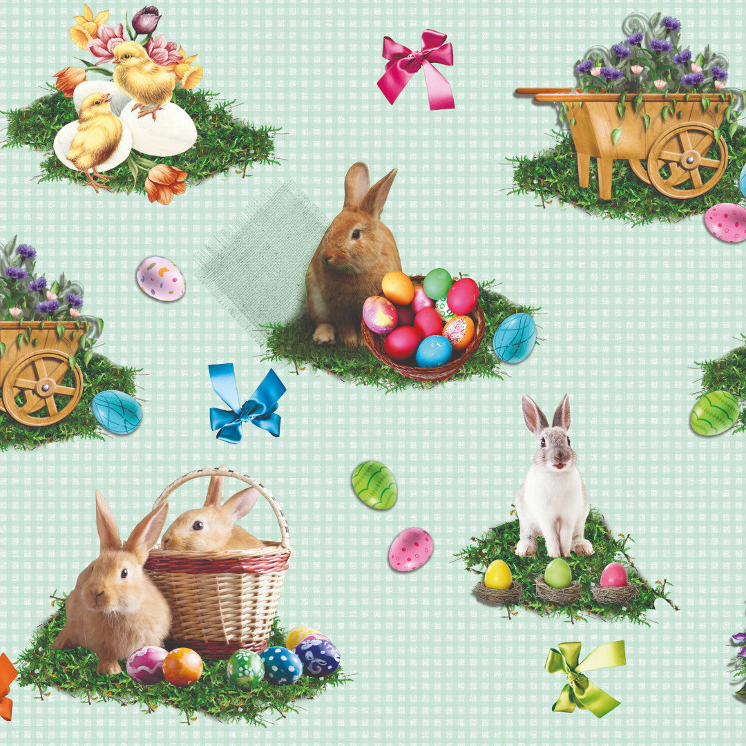 Påskeglæde Tern Mint – Påskevoksdug med harer, kyllinger og påskeæg