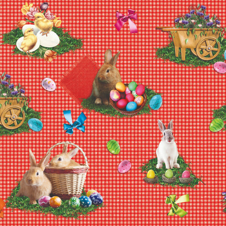 Påskeglæde Tern Rød – Påskevoksdug med harer, kyllinger og påskeæg