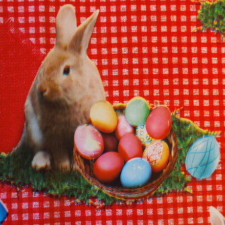 Påskeglæde Tern Rød – Påskevoksdug med harer, kyllinger og påskeæg, uskarpt