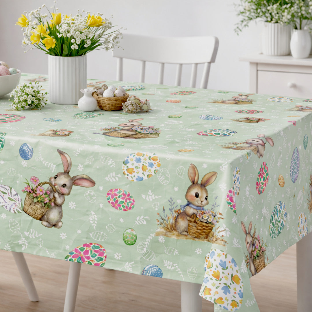 Påskehare Grøn – Påskevoksdug med hare og blomsteræg, miljø