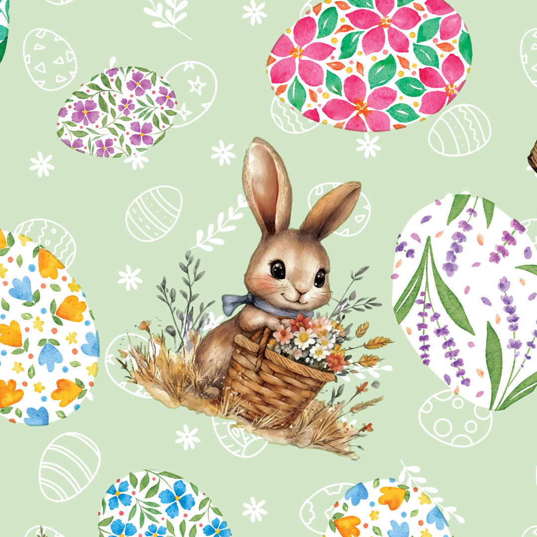 Påskehare Grøn – Påskevoksdug med hare og blomsteræg, mønster