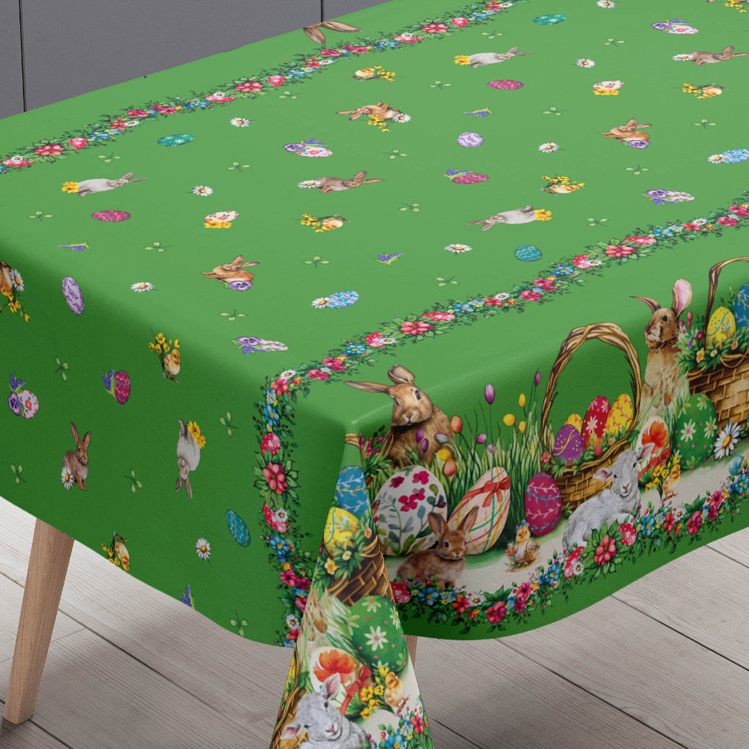 Påskelam Grøn – Påskevoksdug med lam og påskeharer, hjørne