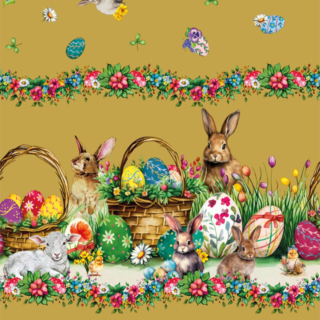 Påskelam Gylden – Påskevoksdug med lam og påskeharer