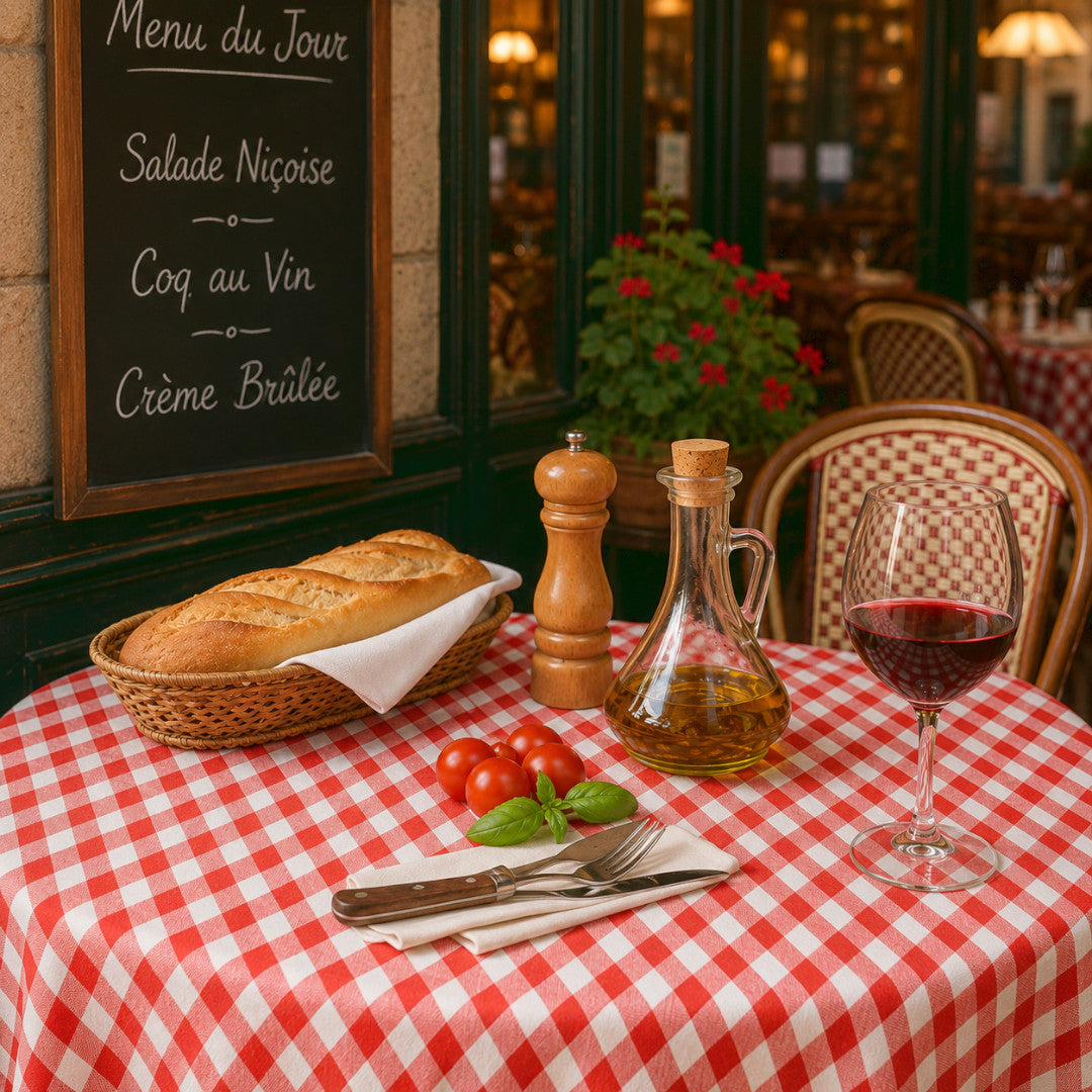 Picnic Red – Ternet rund voksdug med tekstillook, bistromiljø