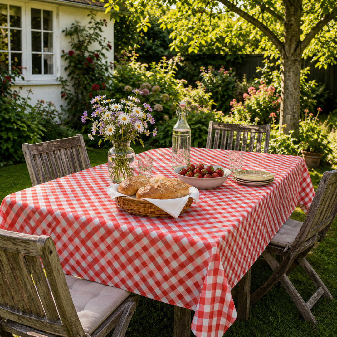 Picnic Red – Ternet voksdug med tekstillook, havemiljø