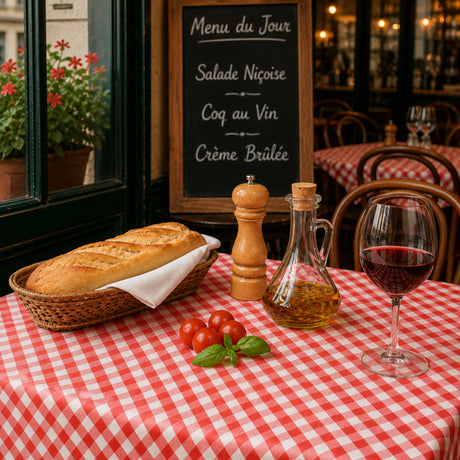 Picnic Red – Ternet voksdug med tekstillook, bistromiljø