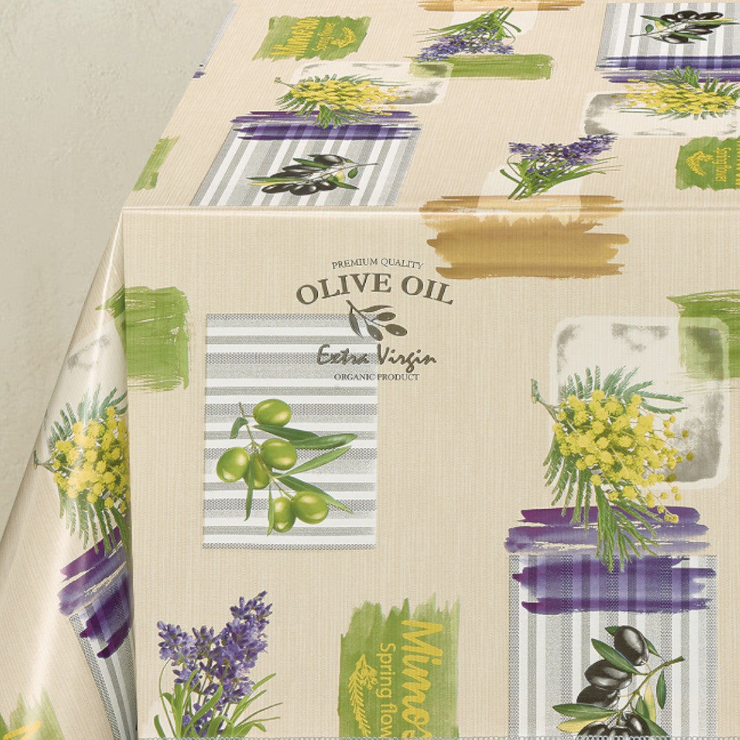 Provence Oliven & Blomster - Voksdug med beige bund, hjørne