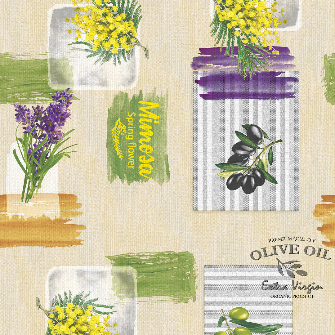 Provence Oliven & Blomster - Voksdug med beige bund, mønster