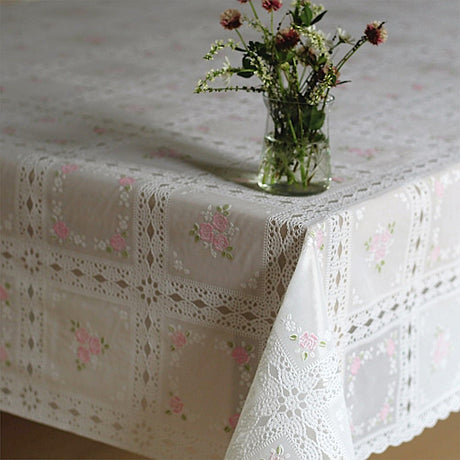 Blondevoksdug, blondedug med rose i kvadrater - Hvid/pink