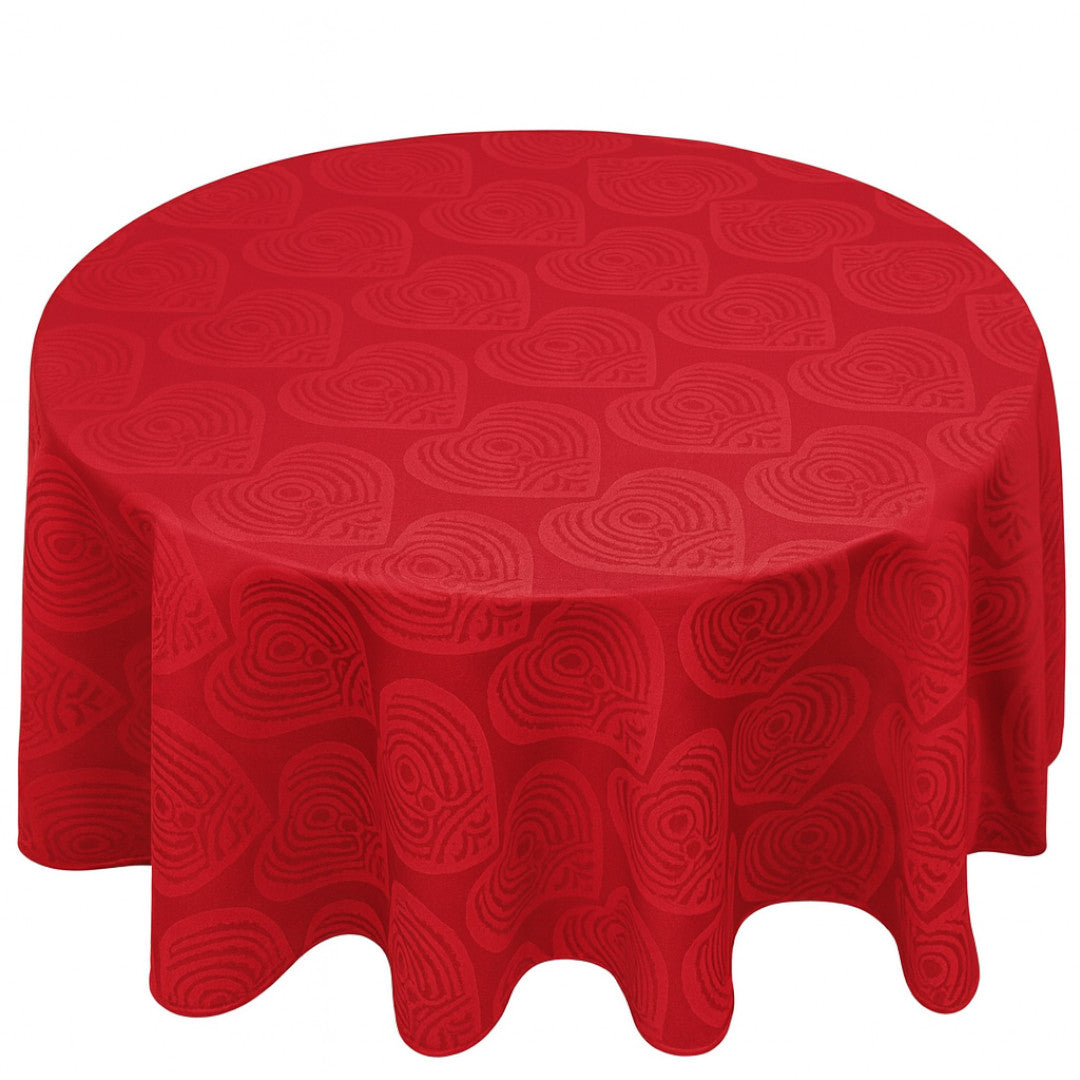 Rund damaskvævet juledug - Damask Hearts rød, Ø 300 cm