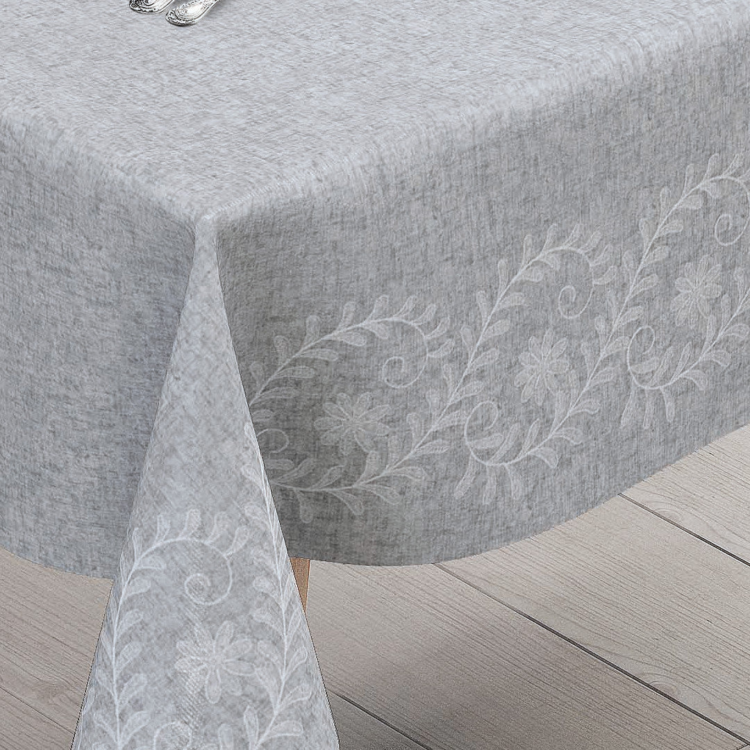 Silva Grå – Grå voksdug med elegant ornamentbort, hjørne