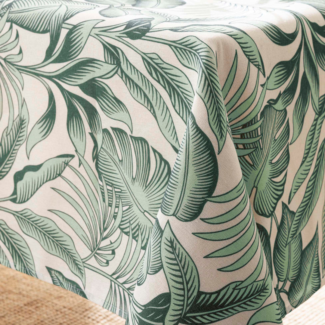 Stilys Sauge – Stofdug i hørlook med botanisk bladmønster – 140 x 240 cm, hjørne