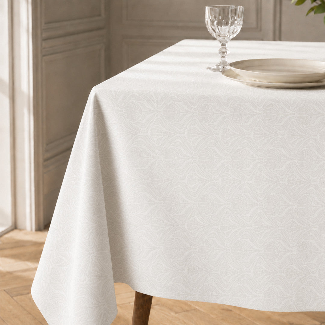 Tessai Blanco – Jacquardvævet akryldug i offwhite 180 cm bred, hjørne
