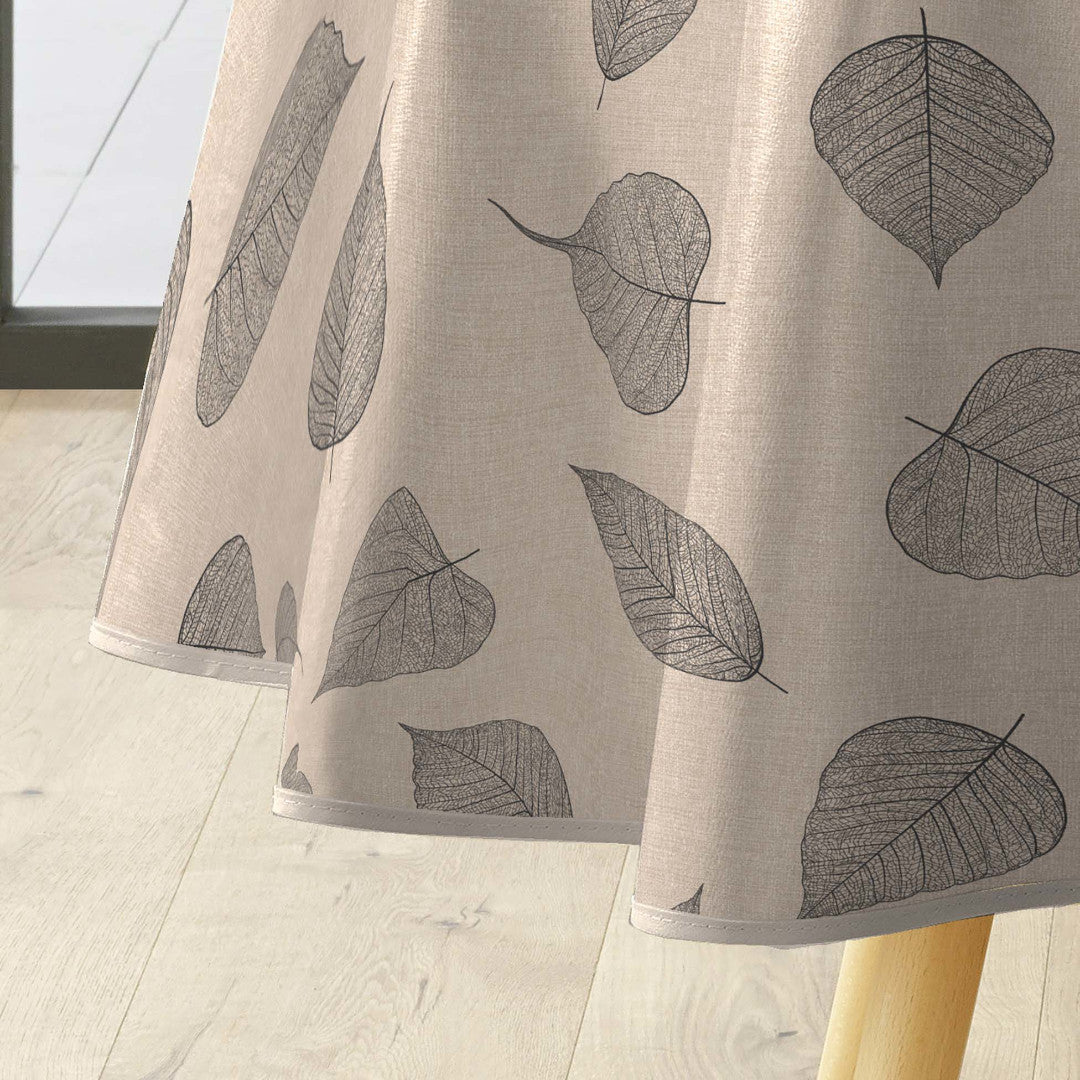 Textilia Feuillys – Rund voksdug i hørlook med sorte stregblade, Ø 155 cm, kant