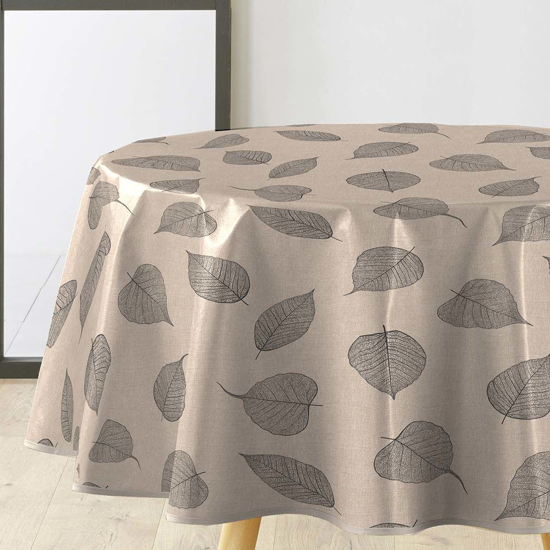 Textilia Feuillys – Rund voksdug i hørlook med sorte stregblade, Ø 155 cm