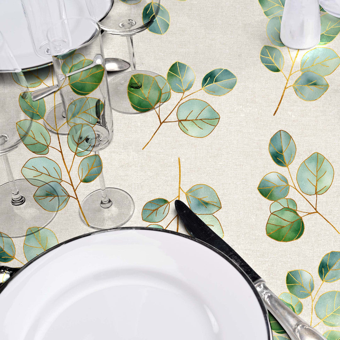 Textilia Glitter Eucalyptus – Voksdug i hørlook med guldeffekt, nærbillede