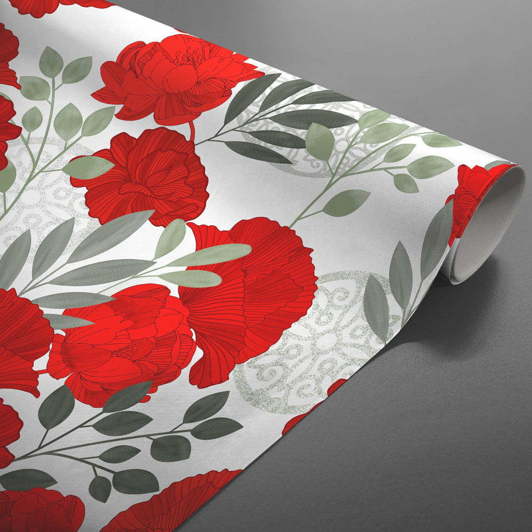 Textilia Occitanie - Fantastisk voksdug med røde blomster, rullet