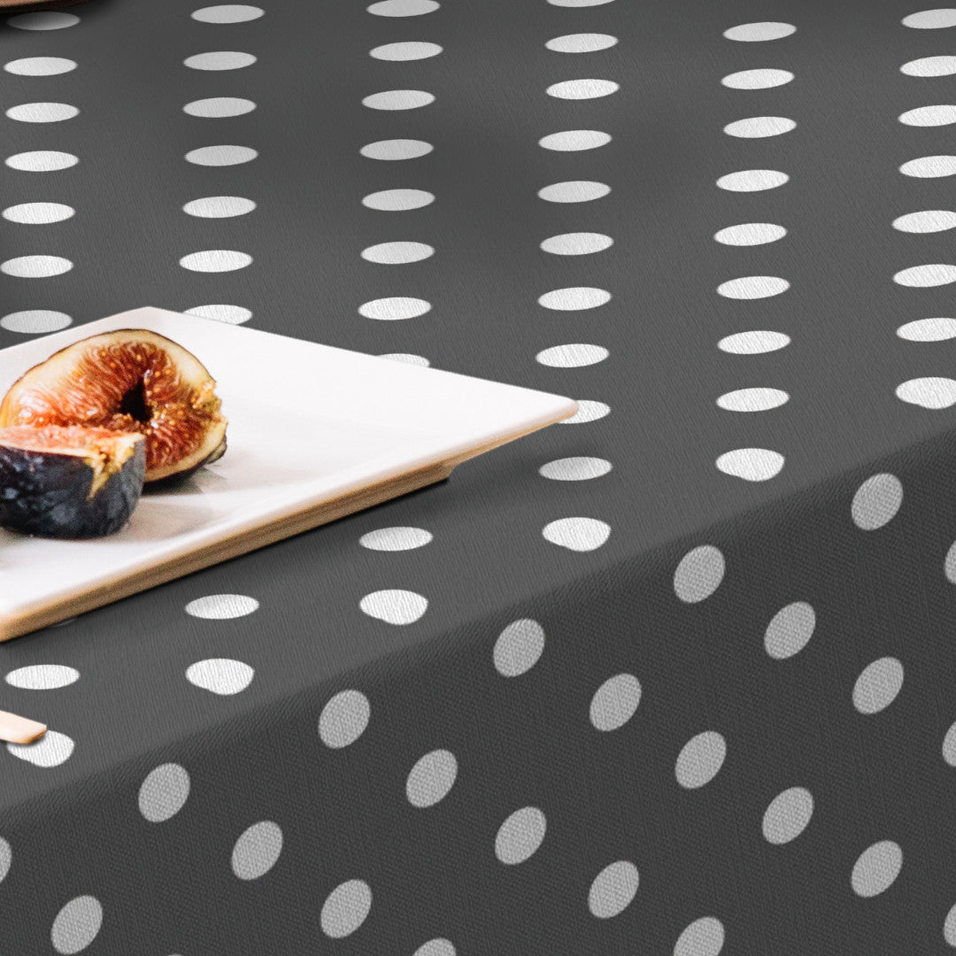 Top Dots Grey - Mørk grå voksdug med hvide prikker, nærbillede