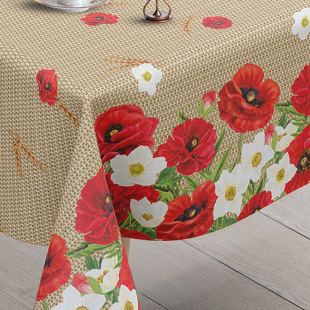 Valmueeng – Beige voksdug med valmuer og hessianlook, hjørne