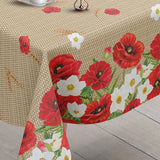 Valmueeng – Beige voksdug med valmuer og hessianlook, hjørne