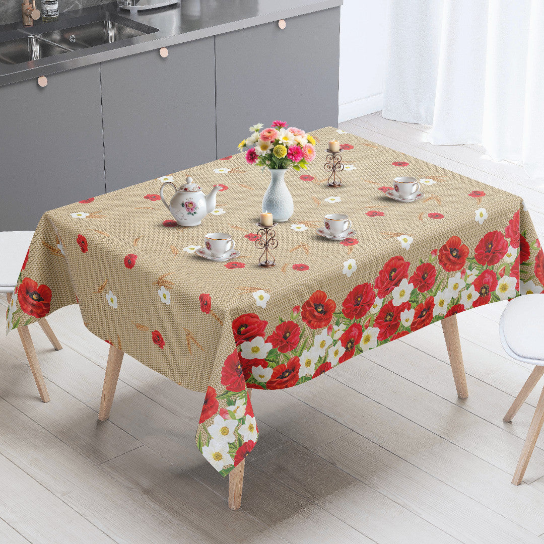 Valmueeng – Beige voksdug med valmuer og hessianlook, miljø