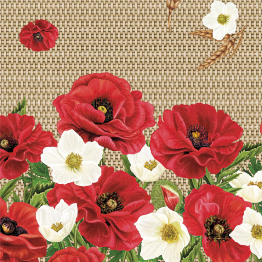 Valmueeng – Beige voksdug med valmuer og hessianlook, mønster