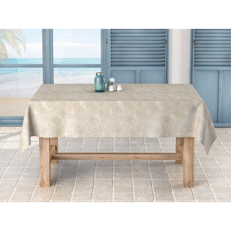 Frida Lino beige, jacquard vævet akryldug med bregner, 140 cm bred