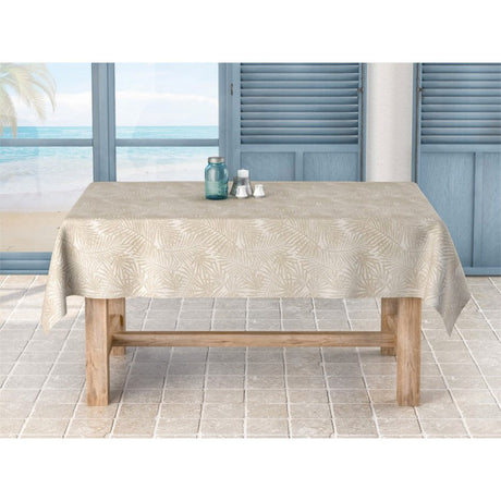 Frida Lino beige, jacquard vævet akryldug med bregner, 140 cm bred
