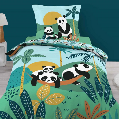 Børnesengetøj med søde pandaer 140 x 200 cm – Grøn