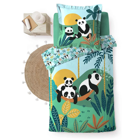 Børnesengetøj med søde pandaer 140 x 200 cm – Grøn, ovenfra
