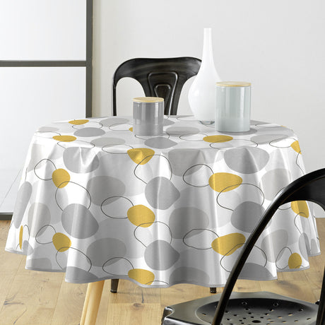 Disco Yellow - Rund voksdug ned fancy design i gul og grå , Ø 155 cm