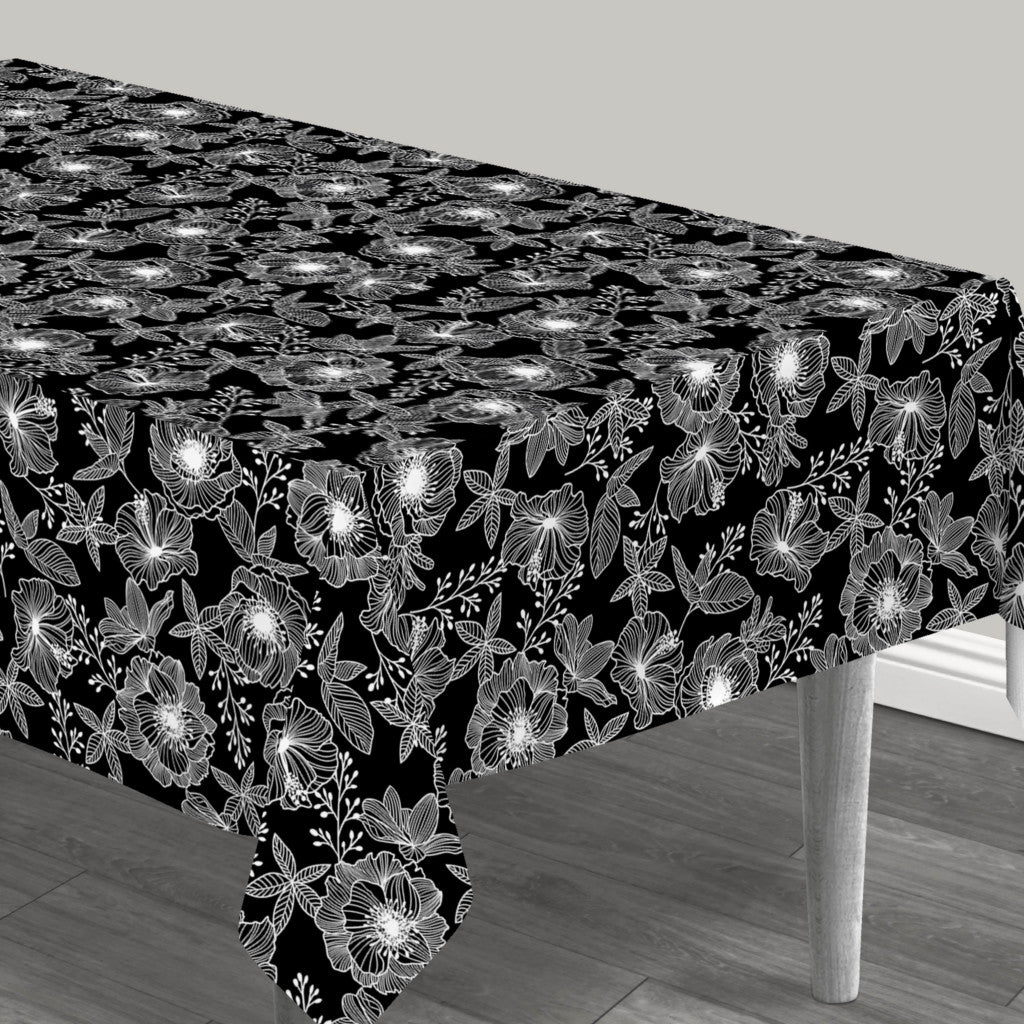 Filligranhaven Hvid - Voksdug med streg blomster i hvid på sort