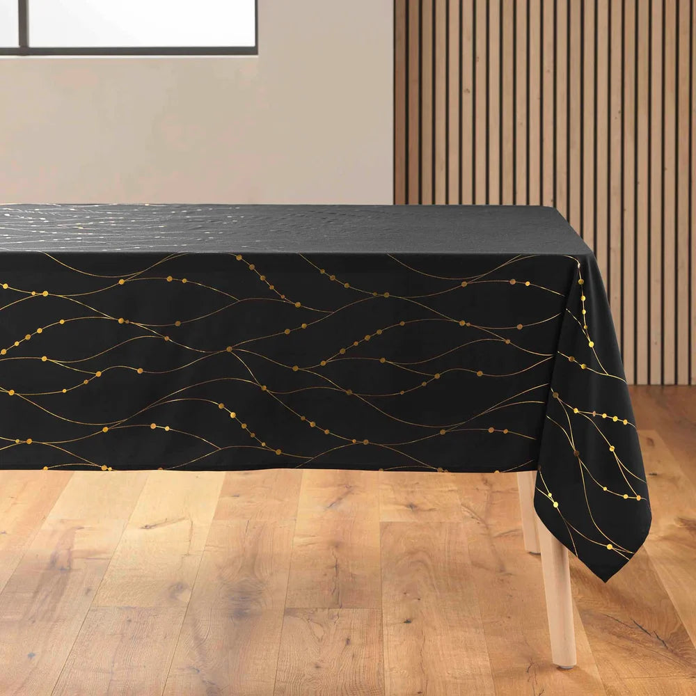 Firmament Metallic Print Sort/guld - Sort nytårs/juledug med guldprint, 140 x 240 cm, hjørne