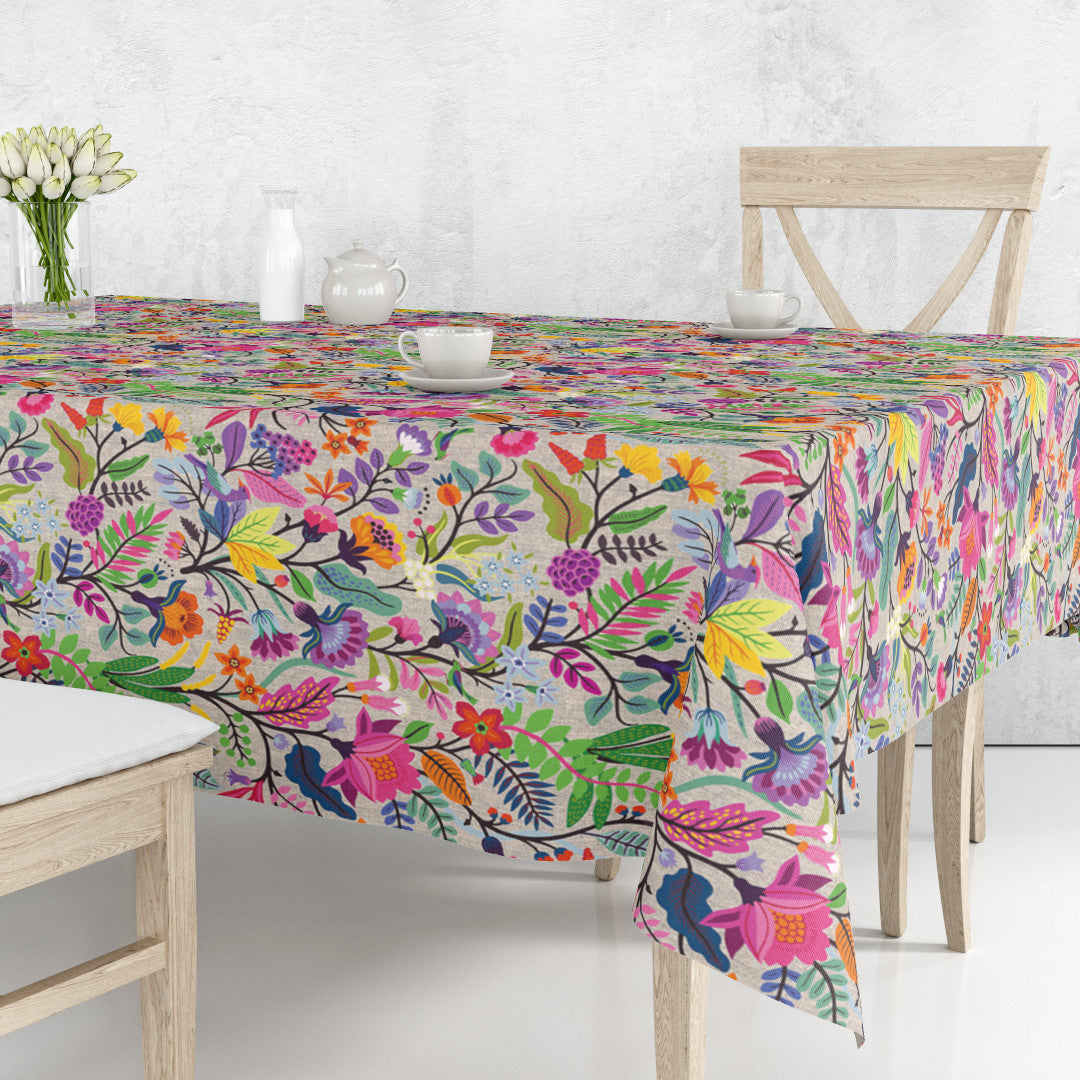 Flowers True Colors - Akryldug i hørlook med farverige blomster