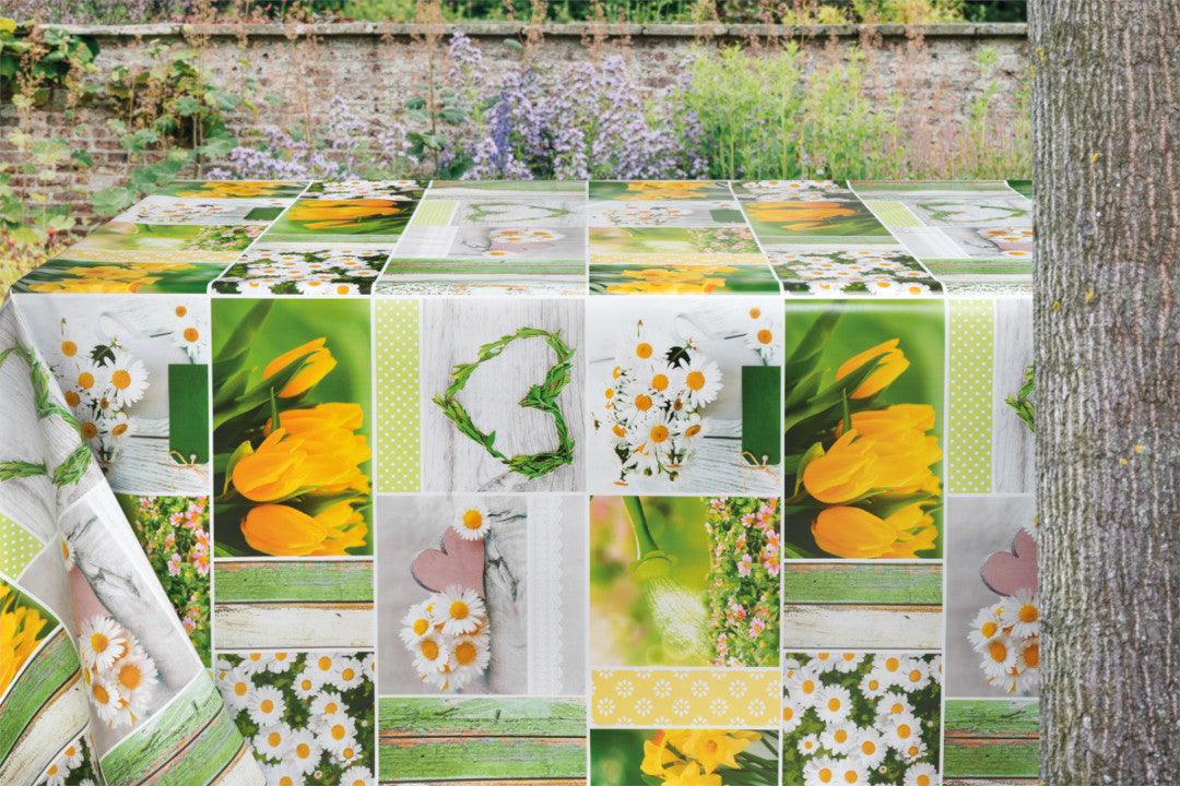 Forår på Vej - Voksdug med hvide margueritter, gule tulipaner og påskeliljer