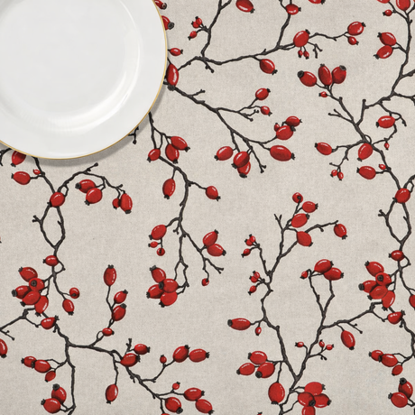 Hybenlund – Akryldug med hybenmotiv på hørlook bund 150 cm bred