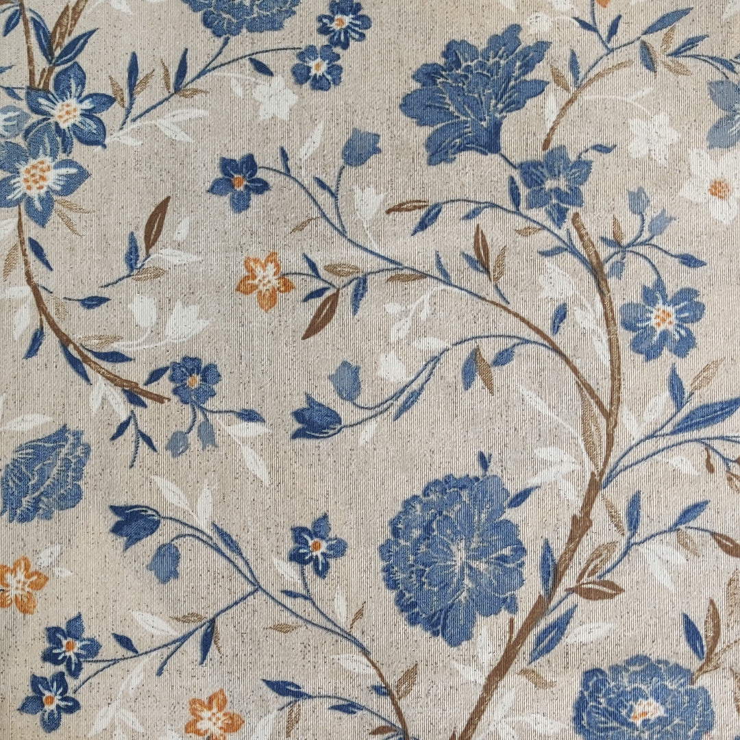 LÆNGDE: 1,75 m - Jardin Bleu - Akryldug med blomster i blå nuancer og hørlook