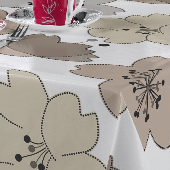 LÆNGDE: 7.0 m - Lily Naturel - voksdug med stregblomster i beige/grå