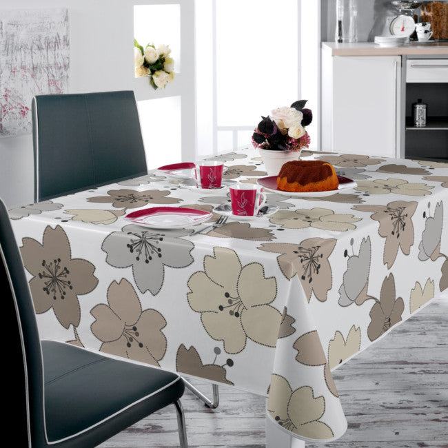 LÆNGDE: 7.0 m - Lily Naturel - voksdug med stregblomster i beige/grå