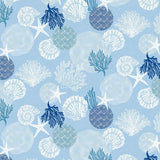 Maritim Blå – Voksdug med skaller og koraller, mønster