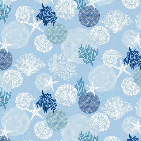 Maritim Blå – Voksdug med skaller og koraller, mønster