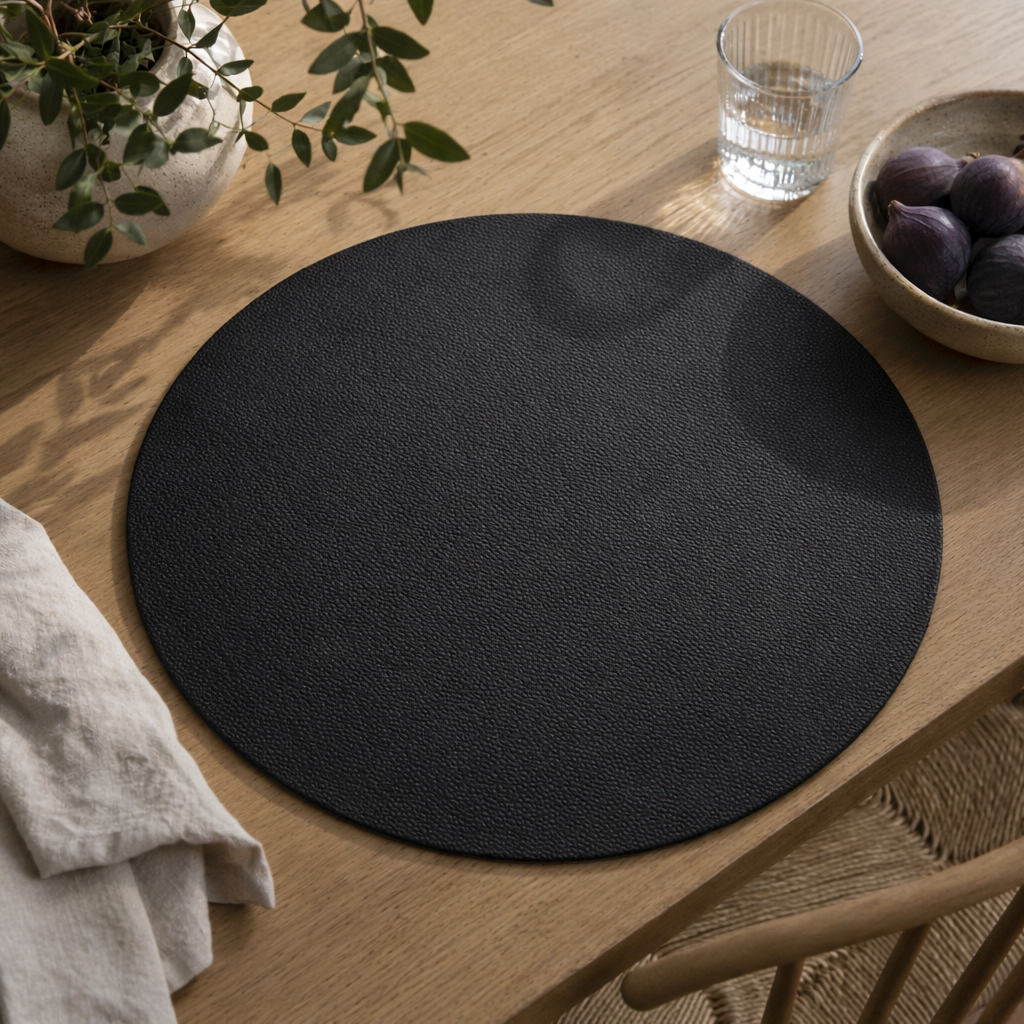 Moon rund dækkeserviet i kunstlæder – Black/Light grey – Ø38 cm, miljø