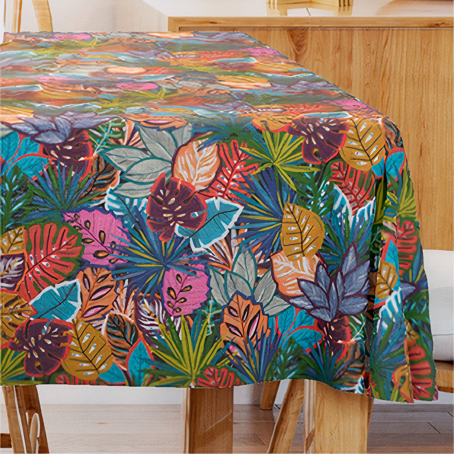 Lokoli Multicolor - Akryldug med smukke grønne blade 155 cm bred