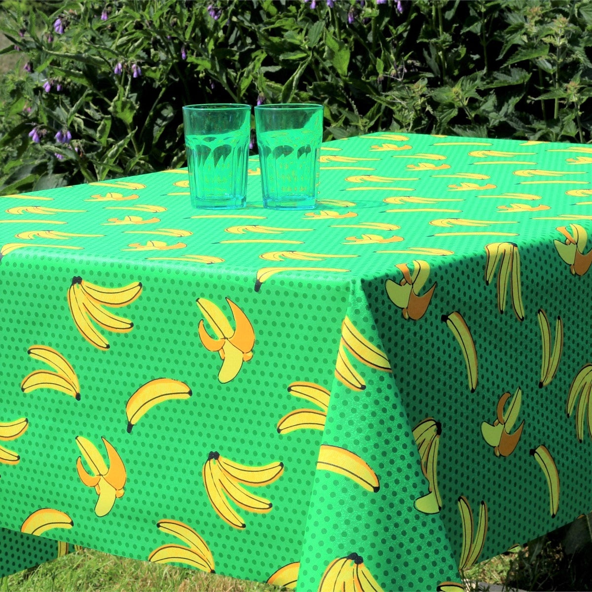 LÆNGDE: 2,8 meter - Plantain grøn, Laura Lancelle akryldug med bananer - 155 cm bred