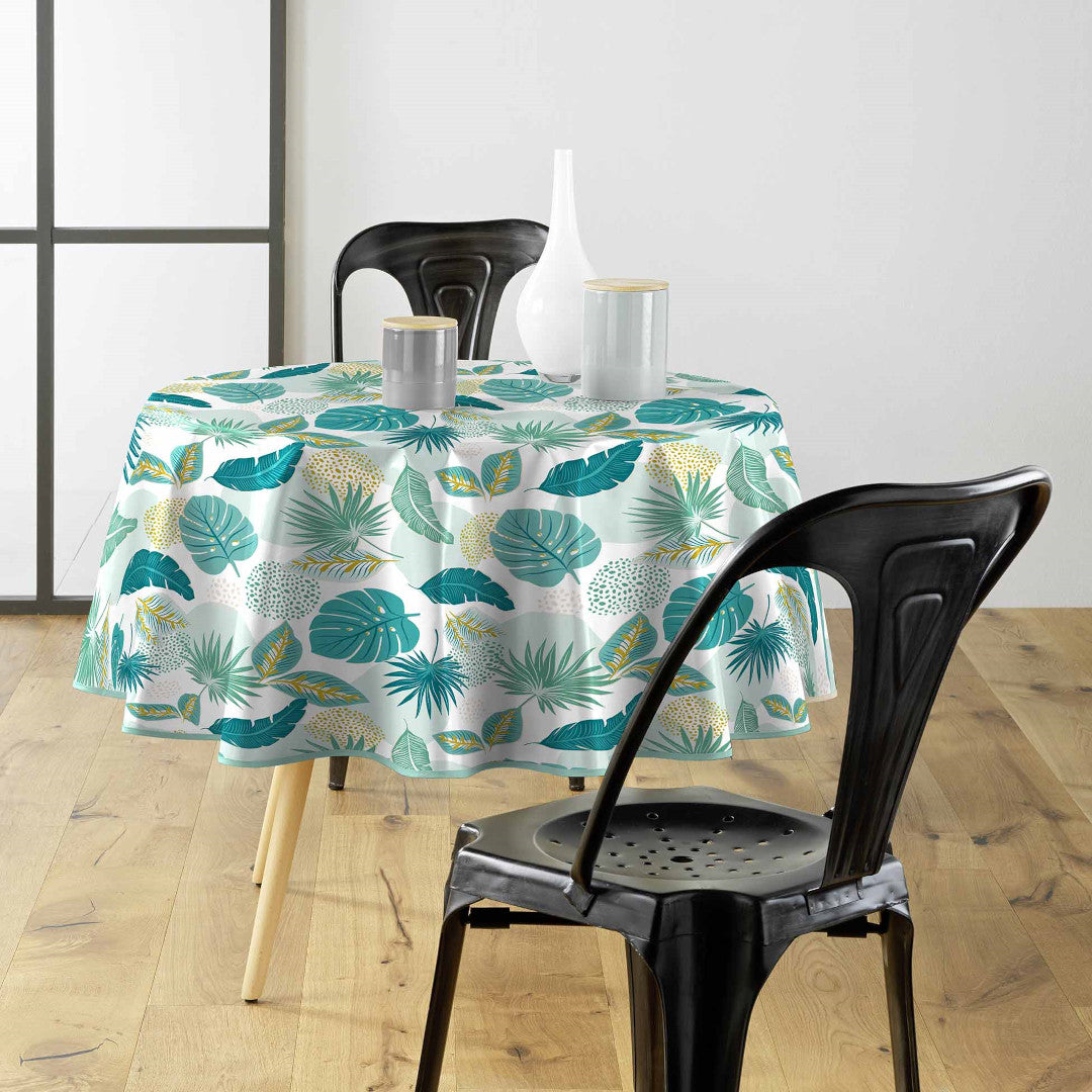 Plantania Blå – Rund voksdug med botanisk mønster Ø 155 cm