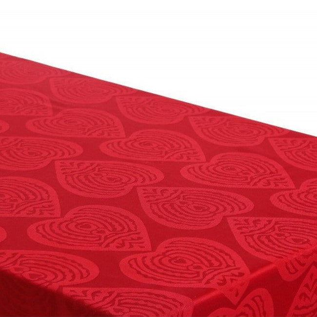 Rund damaskvævet juledug - Damask Hearts rød, Ø 300 cm