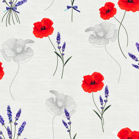 Textilia Sisteron - Lys grå/beige farvet voksdug med valmuer og lavendel