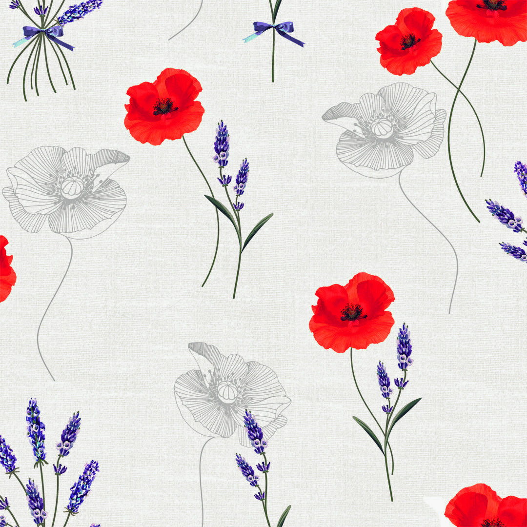 Textilia Sisteron - Lys grå/beige farvet voksdug med valmuer og lavendel