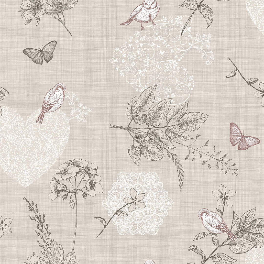 LÆNGDE: 3,8 m - Småfugle i haven - Lys beige voksdug med fugle, sommerfugle, blomster og blade