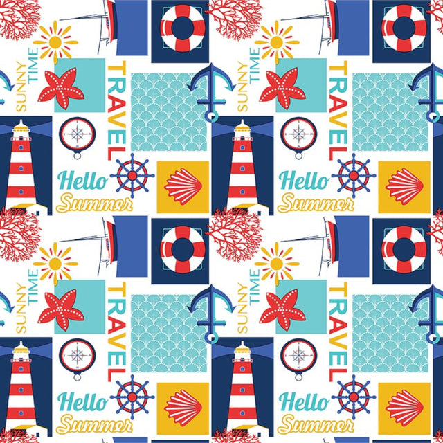 Sommer ved Havet - Hvid voksdug med maritime motiver